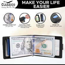 Load image into Gallery viewer, Claasico - Small bifold leather money clip wallet with pull strap: Black