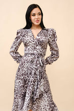 Load image into Gallery viewer, Tea & Cup - Animal print wrap midi dress: Gray / M