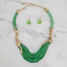 Load image into Gallery viewer, PinktownUSA - Bib Transparent Green Melted Design Necklace: Color: Green / Plating: Gold / Size: 16 + 3 inches