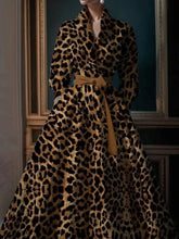 Load image into Gallery viewer, Sheer Trend - High Waisted Long Sleeves Bandage Leopard Pockets Stand Collar Maxi Dresses: KHAKI / S