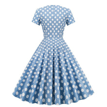 Load image into Gallery viewer, SALINA TRADING INC - Vintage Bohemian Polka Dot Midi Dress with Asymmetrical Neckline: Light Blue with White Dots / S