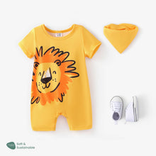 Load image into Gallery viewer, PatPat - Baby Unisex 2pcs Naia Lion Romper & Bib Set: Yellow / Baby Boy: 0-3M