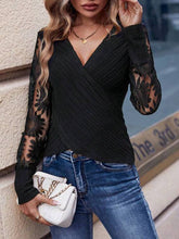 Load image into Gallery viewer, Sheer Trend - Long Sleeves Skinny Embroidered See-Through Split-Joint V-Neck T-Shirts: BLACK / S