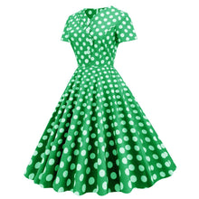 Load image into Gallery viewer, SALINA TRADING INC - Vintage Bohemian Polka Dot Midi Dress with Asymmetrical Neckline: Light Blue with White Dots / S