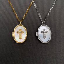 Load image into Gallery viewer, Mio Queena - Shell inlaid Cross Style Locket Charm Necklace: Golden