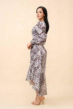 Load image into Gallery viewer, Tea & Cup - Animal print wrap midi dress: Gray / S