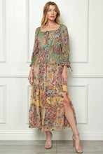 Load image into Gallery viewer, Winslow Collection - MISSY PRINTED PEASANT DRESS WITH LINING, SIDE SLIT SIB53D34: L / SAGE/TAUPE