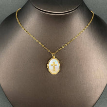 Load image into Gallery viewer, Mio Queena - Shell inlaid Cross Style Locket Charm Necklace: Golden