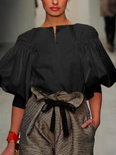 Load image into Gallery viewer, FurDecoration - Buttoned Puff Sleeve Solid Color Blouse: WHITE / M