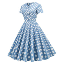 Load image into Gallery viewer, SALINA TRADING INC - Vintage Bohemian Polka Dot Midi Dress with Asymmetrical Neckline: Light Blue with White Dots / S