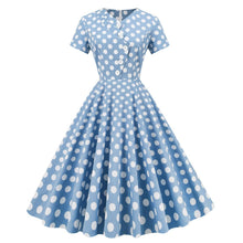 Load image into Gallery viewer, SALINA TRADING INC - Vintage Bohemian Polka Dot Midi Dress with Asymmetrical Neckline: Light Blue with White Dots / S