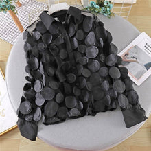 Load image into Gallery viewer, UZ Wholesale Store - Hollow Lantern Sleeve Mesh Blouse With 3D Flower Appliques: BLACK / One_size