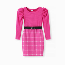 Load image into Gallery viewer, PatPat - Toddler/Kid Girl 2pcs Puff-sleeve Tee & Grid Print Skirt Set: Roseo / Kids: 4-5 Years