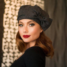 Load image into Gallery viewer, Bella Starr - Beret Hat Bow: Black White Chevron Wool