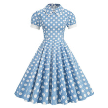 Load image into Gallery viewer, SALINA TRADING INC - Vintage Dotted A-Line Dress With Peter Pan Collar: Light Blue with White Dots / S
