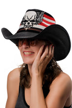 Load image into Gallery viewer, Cap Zone - Rebel Biker Skull Rustic American Flag Straw Cowboy Hat: Black