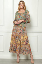 Load image into Gallery viewer, Winslow Collection - MISSY PRINTED PEASANT DRESS WITH LINING, SIDE SLIT SIB53D34: L / SAGE/TAUPE