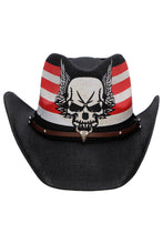 Load image into Gallery viewer, Cap Zone - Rebel Biker Skull Rustic American Flag Straw Cowboy Hat: Black