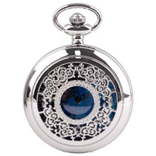 Load image into Gallery viewer, WoodWristCo - Starry Blue Silver Hollow Case Quartz Pocket Watches