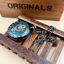 Load image into Gallery viewer, WoodWristCo - Black Pocket Watch with US Military Emblem