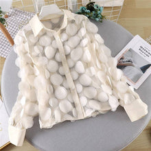 Load image into Gallery viewer, UZ Wholesale Store - Hollow Lantern Sleeve Mesh Blouse With 3D Flower Appliques: WHITE / One_size