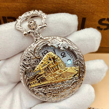 Load image into Gallery viewer, WoodWristCo - Vintage Hollow Locomotive Design Pocket Watch: Silver gold