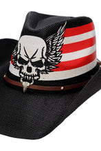 Load image into Gallery viewer, Cap Zone - Rebel Biker Skull Rustic American Flag Straw Cowboy Hat: Black