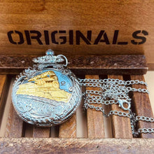 Load image into Gallery viewer, WoodWristCo - Vintage Hollow Locomotive Design Pocket Watch: Silver gold
