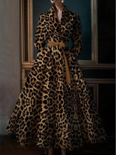 Load image into Gallery viewer, Sheer Trend - High Waisted Long Sleeves Bandage Leopard Pockets Stand Collar Maxi Dresses: KHAKI / S