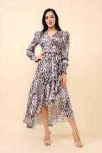Load image into Gallery viewer, Tea & Cup - Animal print wrap midi dress: Gray / S