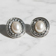 Load image into Gallery viewer, PinktownUSA - Clip On Organic Silver Oval White Pearl Earrings: Color: White / Plating: Rhodium / Size: 2.2 x 1.75 inches
