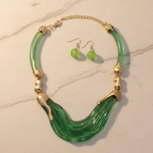 Load image into Gallery viewer, PinktownUSA - Bib Transparent Green Melted Design Necklace: Color: Green / Plating: Gold / Size: 16 + 3 inches
