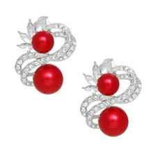 Load image into Gallery viewer, PinktownUSA - Clip On High End Silver Ribbon Red Pearl Earrings: Color: Red / Plating: Rhodium / Size: 1.5 x 1.25 inches
