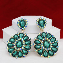 Load image into Gallery viewer, PinktownUSA - Clip On Brilliant Green Teardrop Crystal Earrings: Color: Green / Plating: Gold / Size: 3.45 x 2 inches

