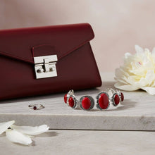 Load image into Gallery viewer, PinktownUSA - Linked Cracked Red Oval Burnished Silver Bracelet: Color: Red / Plating: Burnished Silver / Size: 7 to 8.25 inches
