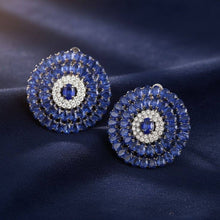 Load image into Gallery viewer, PinktownUSA - Clip On Blue Glass Teardrop Radiant Round Earrings: Color: Blue / Plating: Rhodium / Size: 1.5 inches
