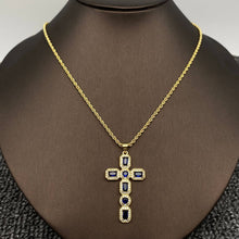Load image into Gallery viewer, Mio Queena - Sparkling CZ/Rhinestone Cross Charm 18K Gold Plated Necklace: Blue
