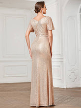 Load image into Gallery viewer, Ever-Pretty - Shiny V Neck Short Ruffles Sleeves Evening Dresses: Rose Gold / 4
