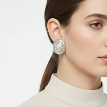 Load image into Gallery viewer, PinktownUSA - Clip On Organic Silver Oval White Pearl Earrings: Color: White / Plating: Rhodium / Size: 2.2 x 1.75 inches
