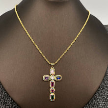 Load image into Gallery viewer, Mio Queena - Sparkling CZ/Rhinestone Cross Charm 18K Gold Plated Necklace: Colored
