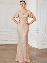 Load image into Gallery viewer, Ever-Pretty - Shiny V Neck Short Ruffles Sleeves Evening Dresses: Rose Gold / 4
