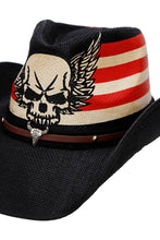 Load image into Gallery viewer, Cap Zone - Rebel Biker Skull Rustic American Flag Straw Cowboy Hat: Black
