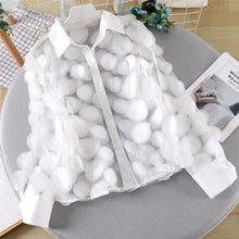 Load image into Gallery viewer, UZ Wholesale Store - Hollow Lantern Sleeve Mesh Blouse With 3D Flower Appliques: WHITE / One_size
