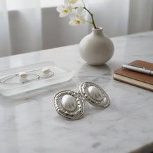 Load image into Gallery viewer, PinktownUSA - Clip On Organic Silver Oval White Pearl Earrings: Color: White / Plating: Rhodium / Size: 2.2 x 1.75 inches
