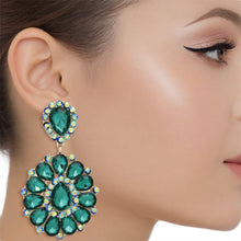 Load image into Gallery viewer, PinktownUSA - Clip On Brilliant Green Teardrop Crystal Earrings: Color: Green / Plating: Gold / Size: 3.45 x 2 inches
