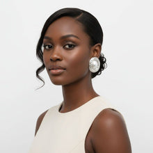 Load image into Gallery viewer, PinktownUSA - Clip On Organic Silver Oval White Pearl Earrings: Color: White / Plating: Rhodium / Size: 2.2 x 1.75 inches
