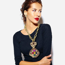 Load image into Gallery viewer, Sensibling Corp. - Bold Stone Embellished Abstract Pendant Chunky Chain Statement Necklace: Clear,Gold
