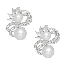 Load image into Gallery viewer, PinktownUSA - Clip On High End Silver Ribbon Pearl Earrings: Color: White / Plating: Rhodium / Size: 1.5 x 1.25 inches
