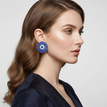 Load image into Gallery viewer, PinktownUSA - Clip On Blue Glass Teardrop Radiant Round Earrings: Color: Blue / Plating: Rhodium / Size: 1.5 inches
