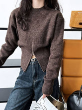 Load image into Gallery viewer, VividLux - Crew Neck Pullover Zipper Design Short Sweater: Brown / One size
